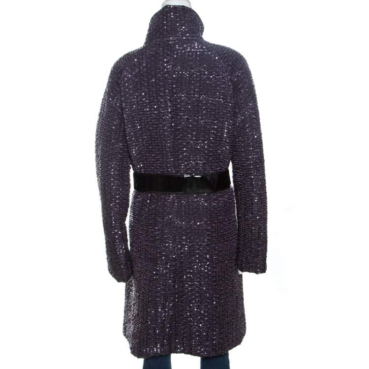 Pre Owned Emporio Armani Metallic Purple Textured Belted Coat M 