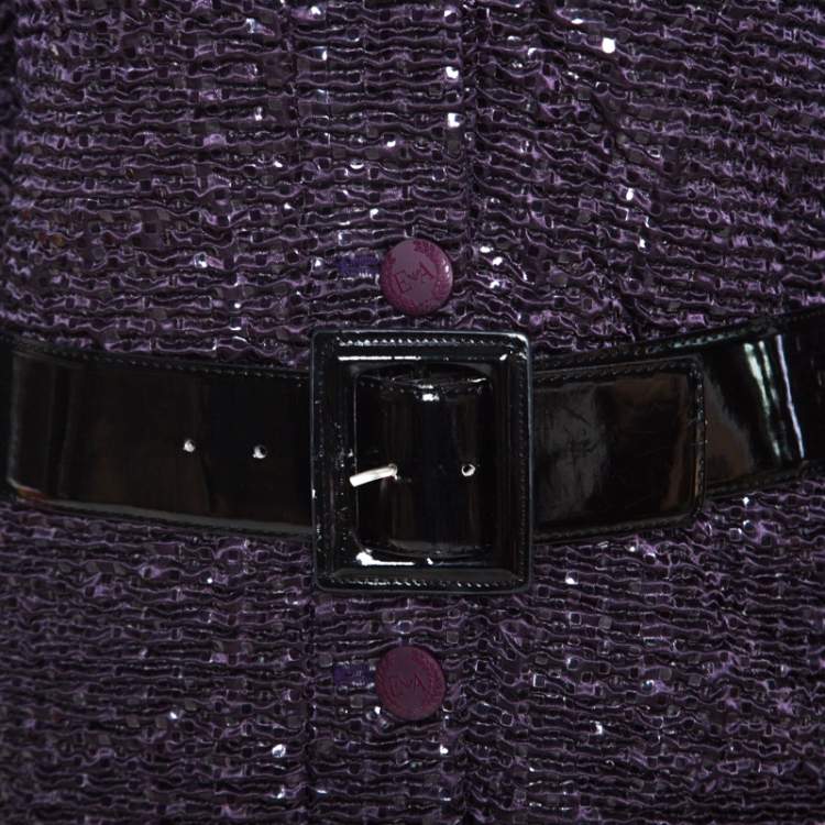 Pre Owned Emporio Armani Metallic Purple Textured Belted Coat M 
