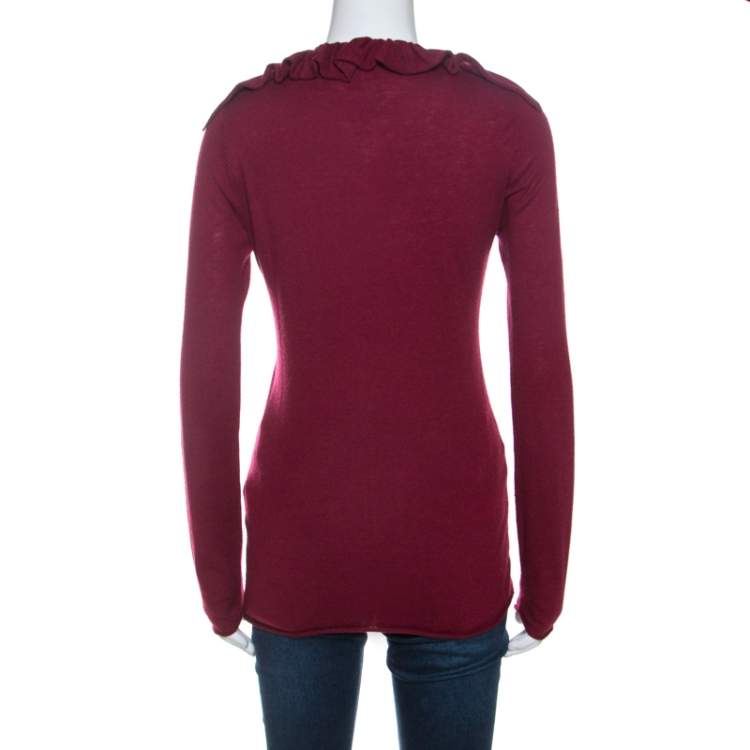 Pre Owned Emporio Armani Burgundy Cashmere Blend Ruffled Collar Cardigan M 