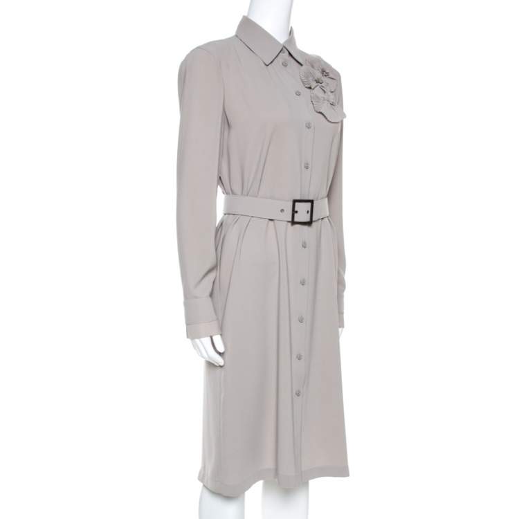 Pre Owned Emporio Armani Grey Crepe Floral Applique Detail Belted Dress S 