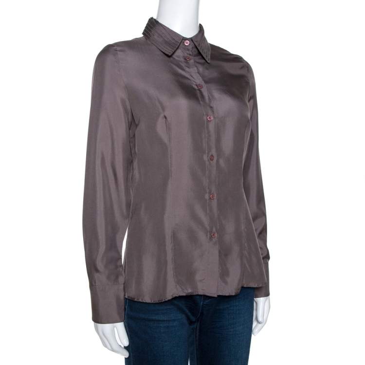 Pre Owned Emporio Armani Taupe Silk Collar Detail Shirt S