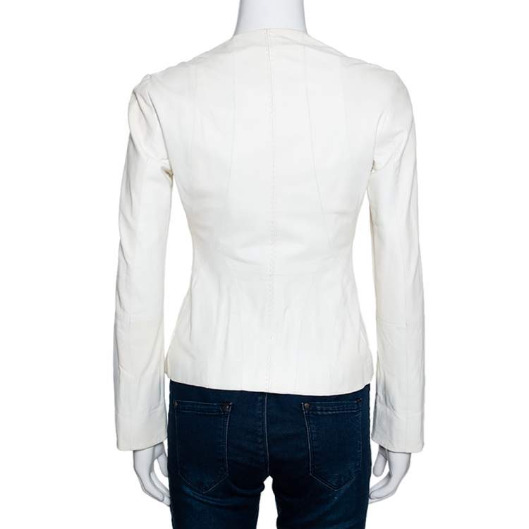 Pre Owned Emporio Armani Cream Leather Single Button Blazer S