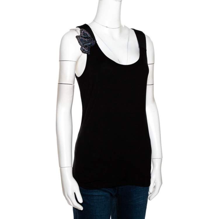 Pre Owned Emporio Armani Black Jersey Beaded Butterfly Applique Top M
