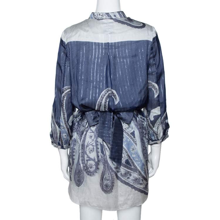 Pre Owned Emporio Armani Navy Blue Printed Silk Belted Short Dress M 