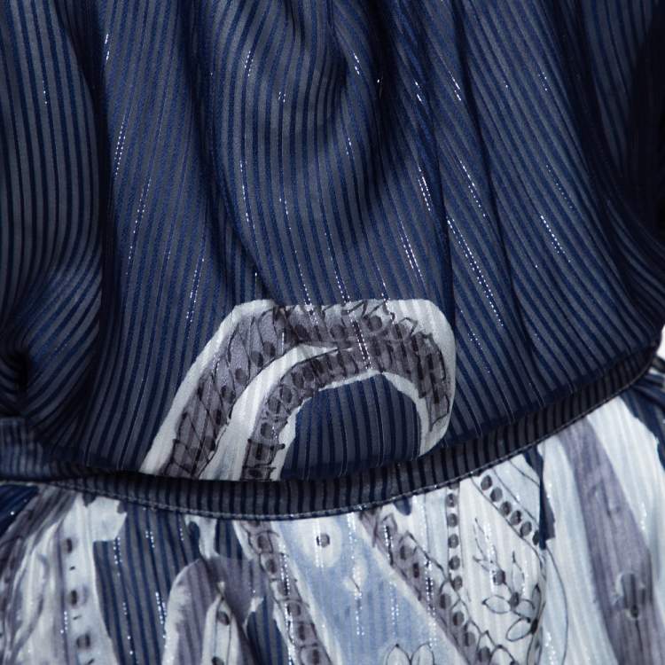 Pre Owned Emporio Armani Navy Blue Printed Silk Belted Short Dress M 