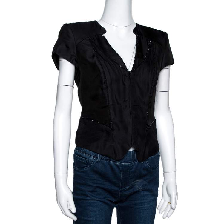 Pre Owned Emporio Armani Black Embellished Silk Blend Zip Front Top S