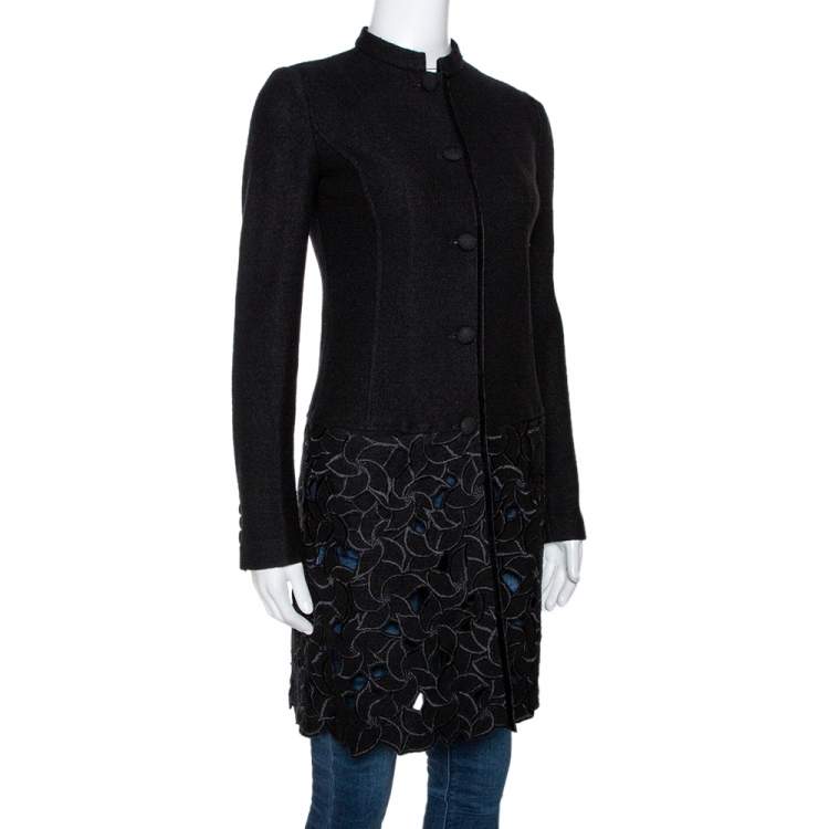 Pre Owned Emporio Armani Black Wool Cutout Detail Mid Length Coat S