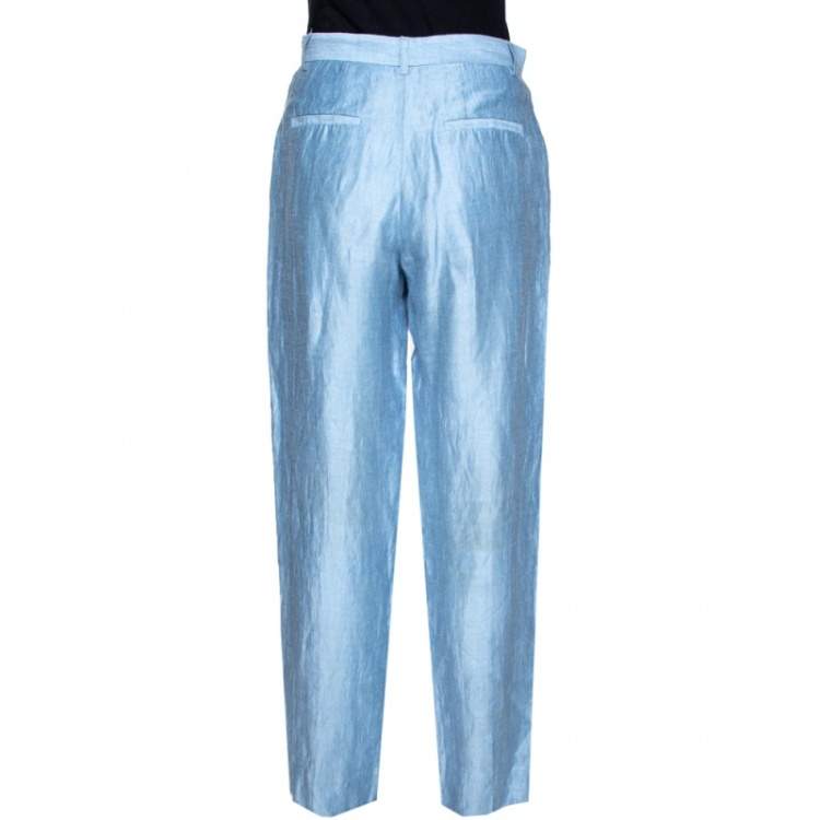 Pre Owned Emporio Armani Light Blue Linen High Waist Pants S