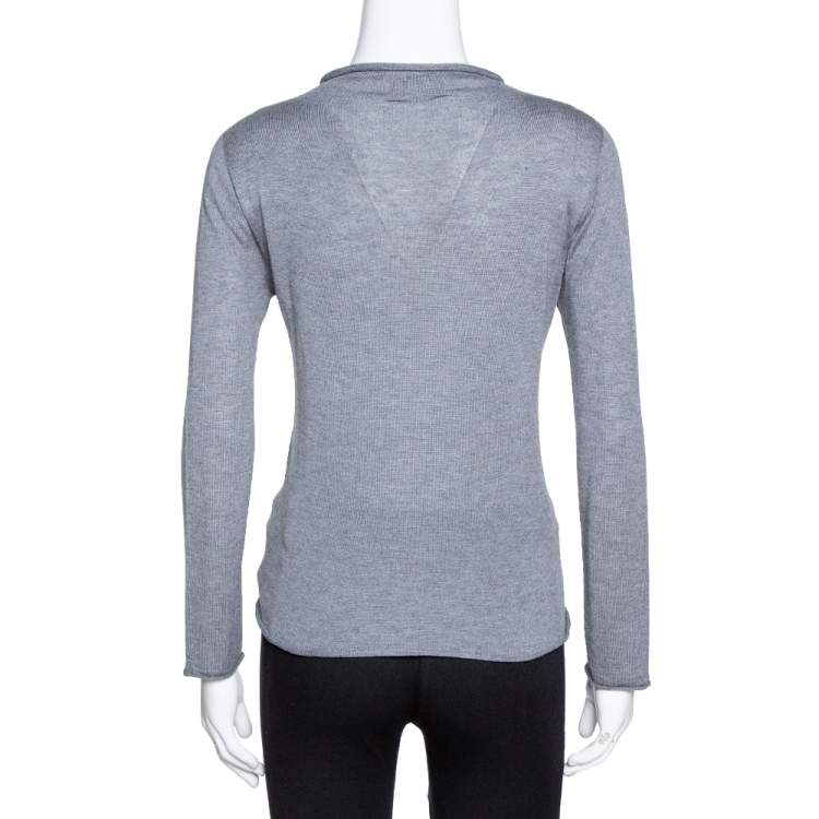 Pre Owned Emporio Armani Grey Cashmere Blend Floral Applique Long Sleeve Top S 