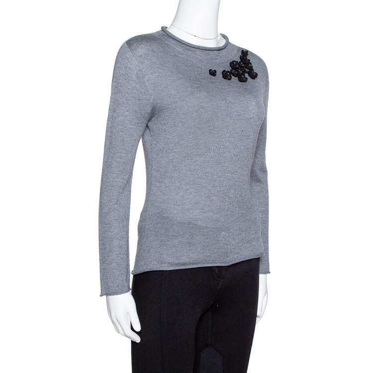 Pre Owned Emporio Armani Grey Cashmere Blend Floral Applique Long Sleeve Top S 