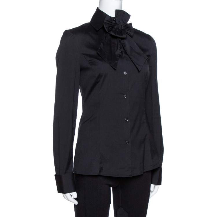 Pre Owned Emporio Armani Black Stretch Cotton Bow Detail Shirt M