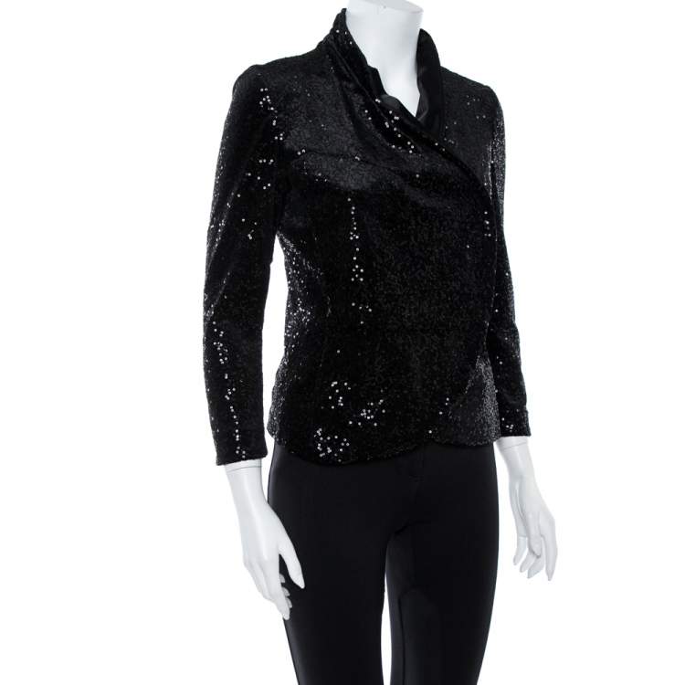 Pre Owned Emporio Armani Black Sequin Embellished Velvet Double Breasted Jacket M