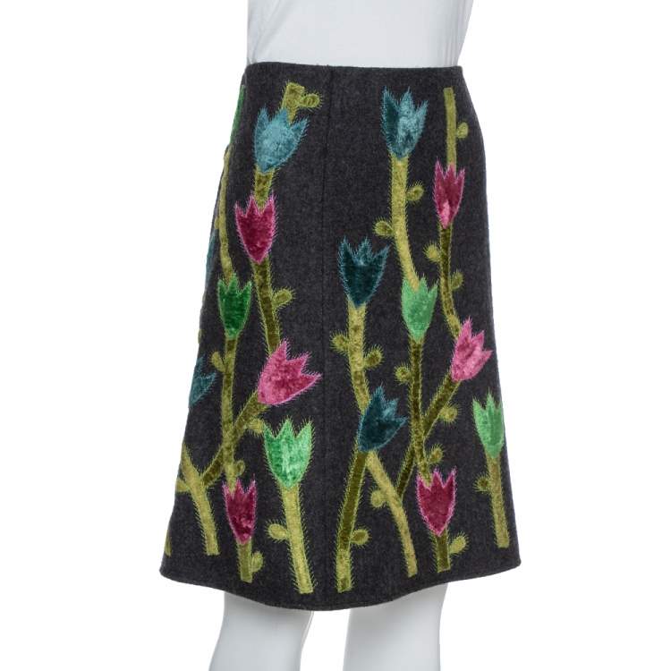 Pre Owned Emporio Armani Grey Wool Floral Appliqued A-Line Skirt M
