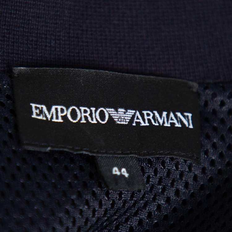 Pre Owned Emporio Armani Navy Blue Cotton Knit Trim Detail Collared Jacket M