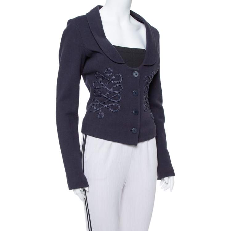 Pre Owned Emporio Armani Navy Blue Cotton Knit Trim Detail Collared Jacket M