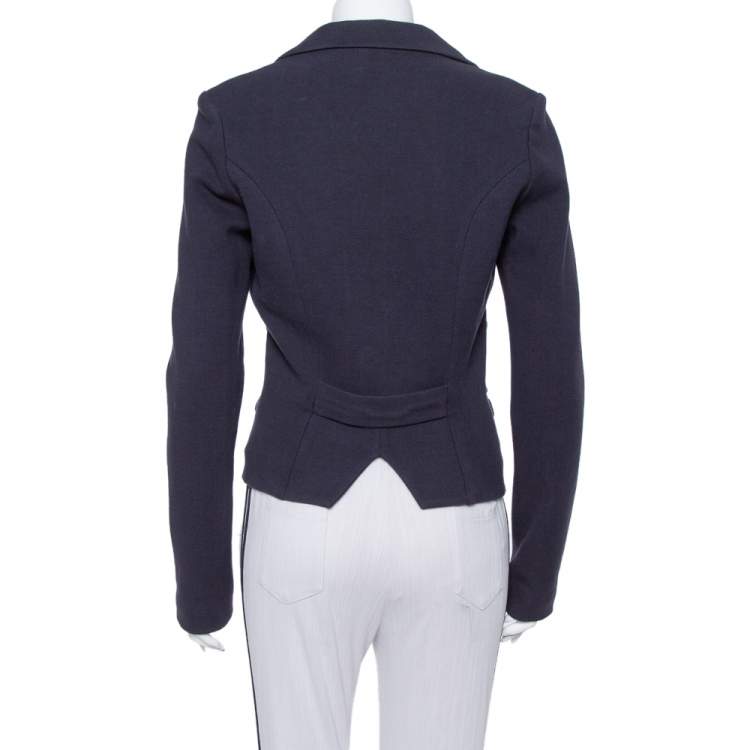 Pre Owned Emporio Armani Navy Blue Cotton Knit Trim Detail Collared Jacket M