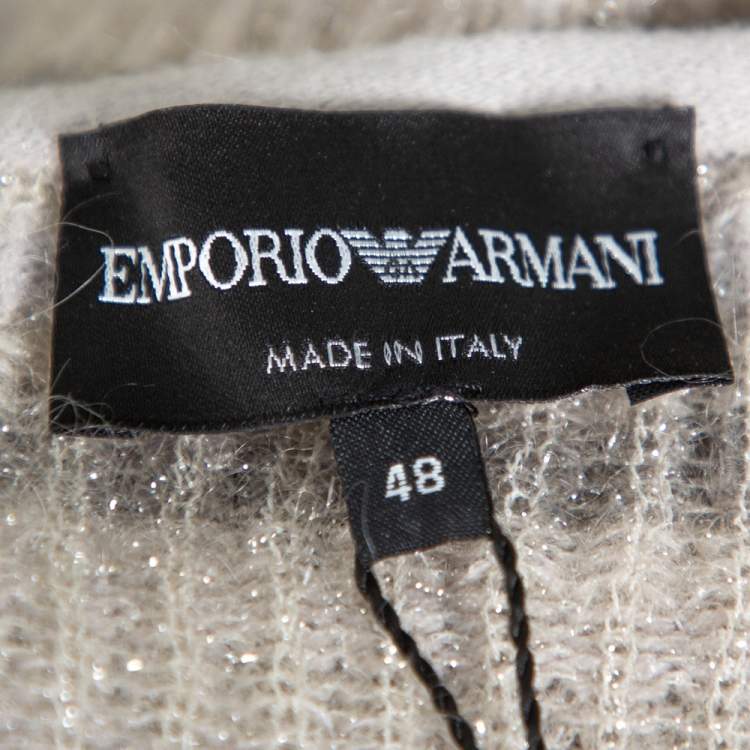 Pre Owned Emporio Armani Beige Lurex Knit Button Front Short Sleeve Top L