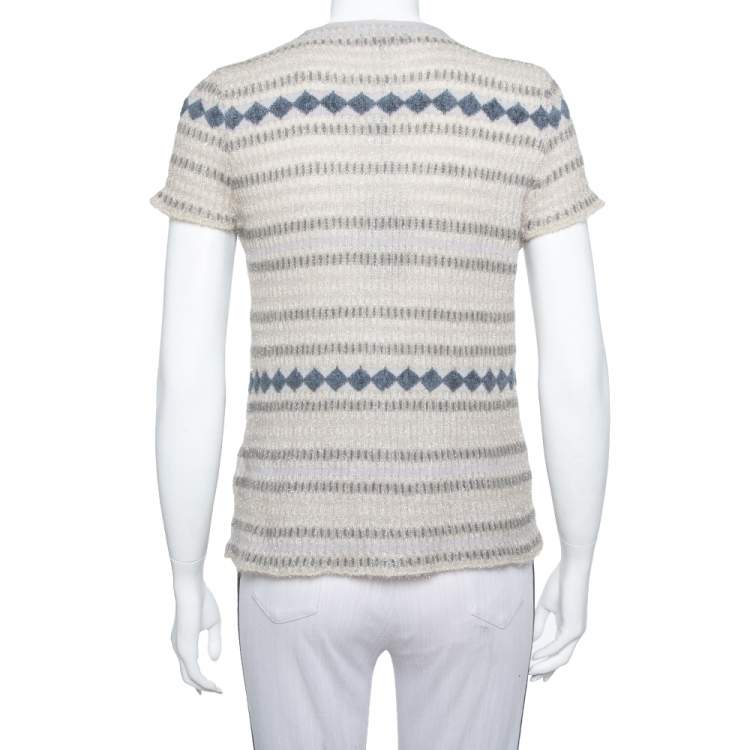 Pre Owned Emporio Armani Beige Lurex Knit Button Front Short Sleeve Top L