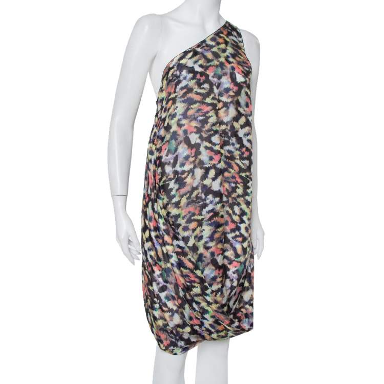 Pre Owned Emporio Armani Multicolor Printed Silk One Shoulder Shift Dress L