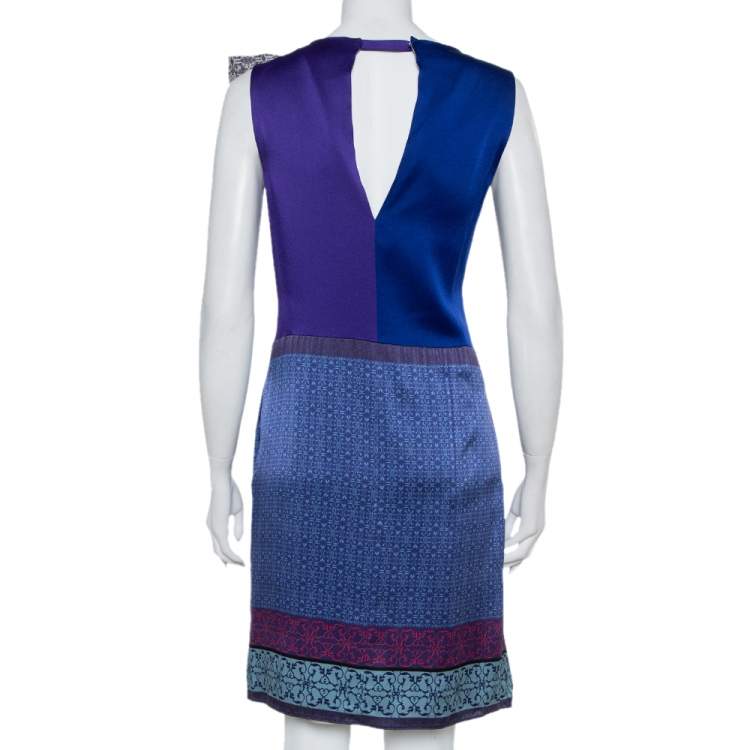 Pre Owned Emporio Armani Blue Printed Silk Draped Neck Detail Shift Dress M