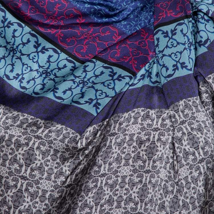 Pre Owned Emporio Armani Blue Printed Silk Draped Neck Detail Shift Dress M