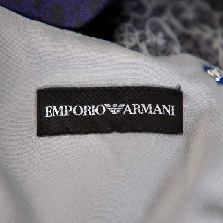 Pre Owned Emporio Armani Blue Printed Silk Draped Neck Detail Shift Dress M