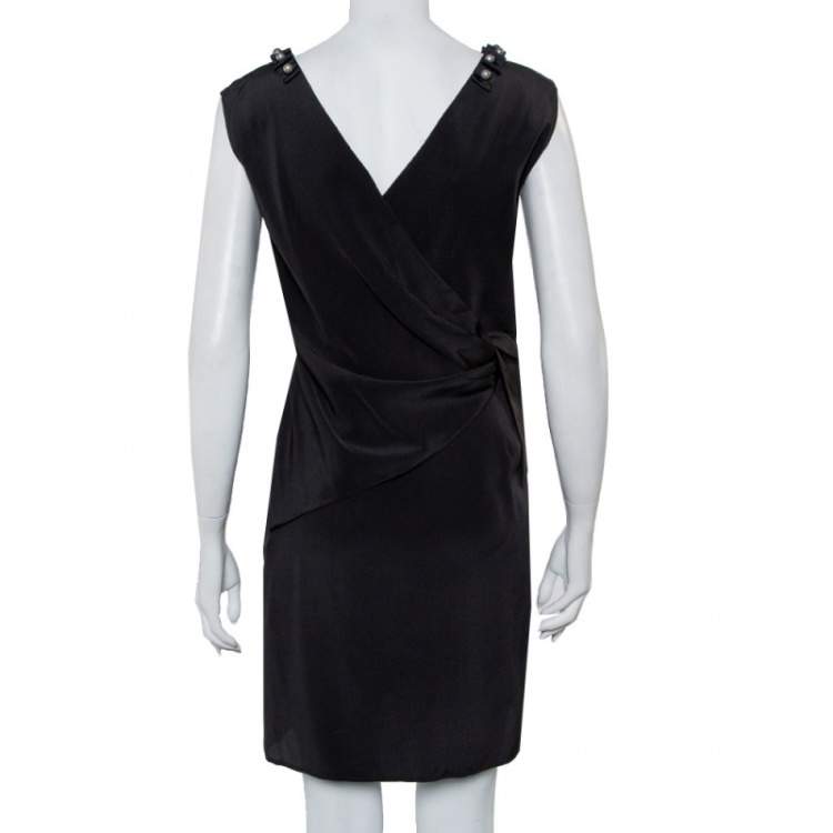 Pre Owned Emporio Armani Black Silk Embellished Neck Detail Shift Dress M