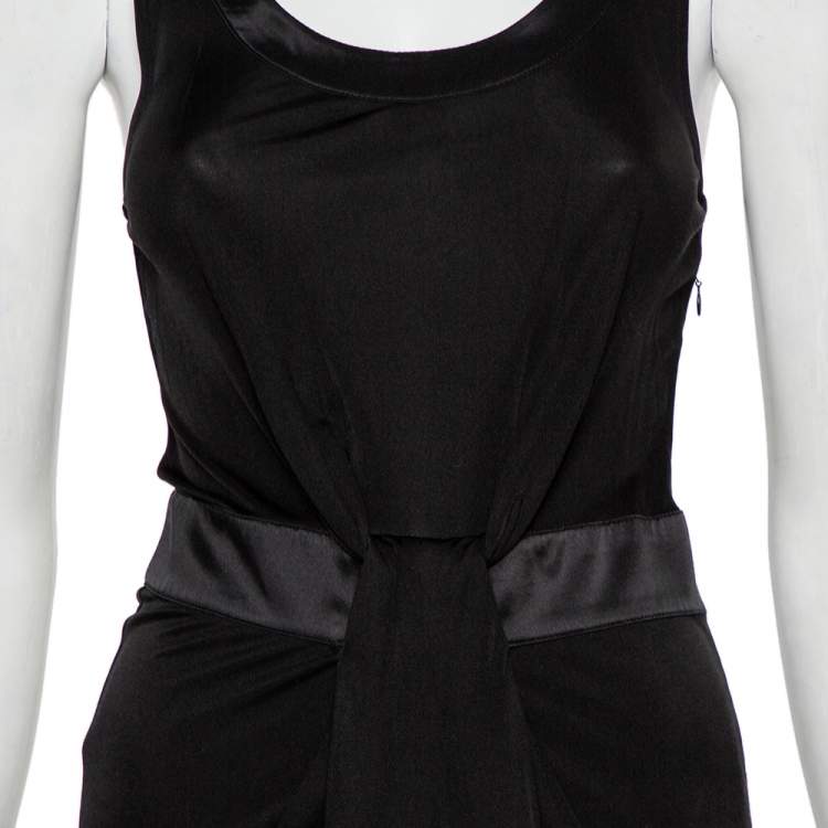 Pre Owned Emporio Armani Black Knit Contrast Trim Draped Detail Sleeveless Midi Dress S