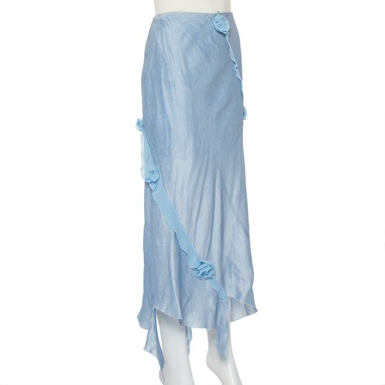 Pre Owned Emporio Armani Blue Linen & Silk Floral Applique Trim Detail Midi Skirt M