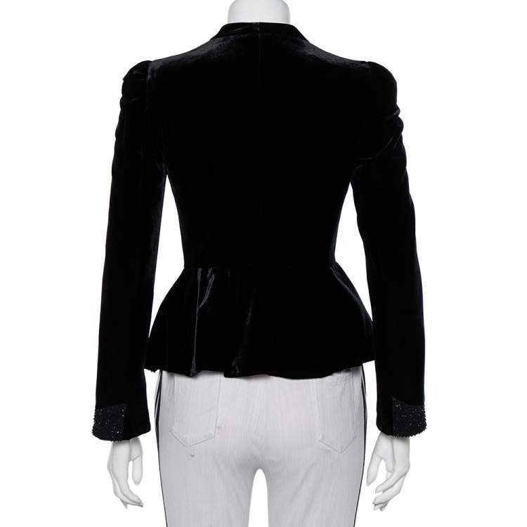 Pre Owned Emporio Armani Vintage Black Velvet Embellished Detail Button Front Blazer S