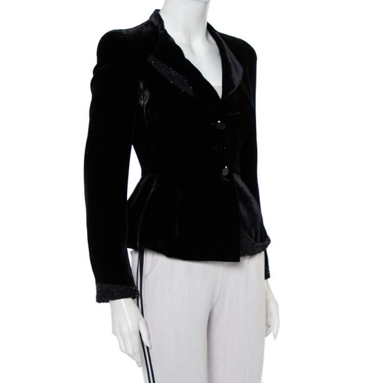 Pre Owned Emporio Armani Vintage Black Velvet Embellished Detail Button Front Blazer S