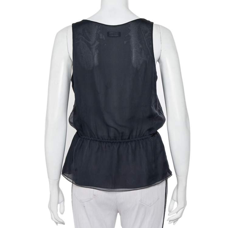 Pre Owned Emporio Armani Dark Green Silk Ruffle Detail Sleeveless Top M