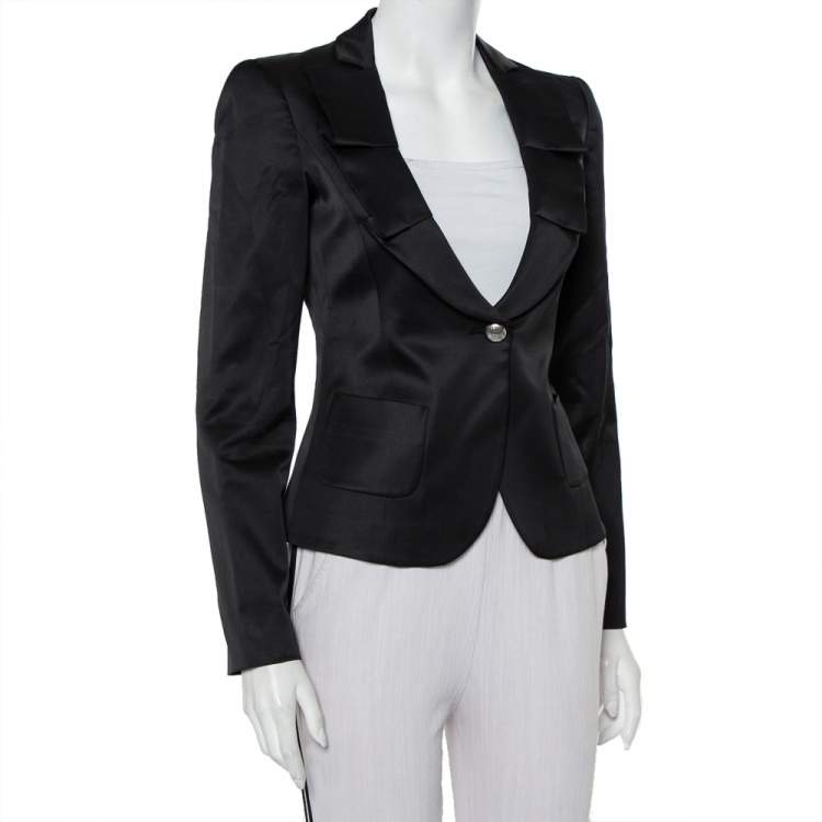 مملوكة مسبقًا Emporio Armani Black Sateen Pleated Collar Detail Button Front Blazer M