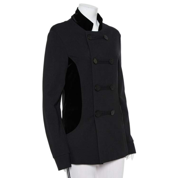Pre Owned Emporio Armani Black Knit & Velvet Paneled Double Breasted Short Coat M