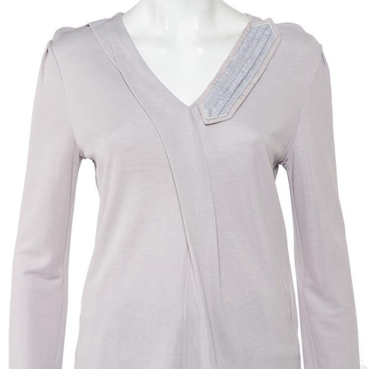 Pre Owned Emporio Armani Grey Knit Draped Detail Long Sleeve Top L