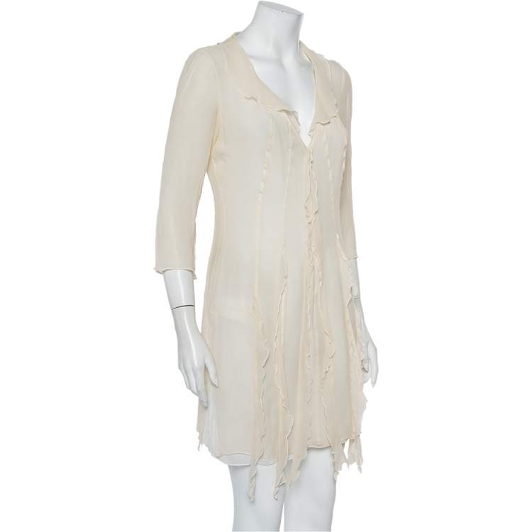 Pre Owned Emporio Armani Cream Silk Ruffle Detail Mini Dress M