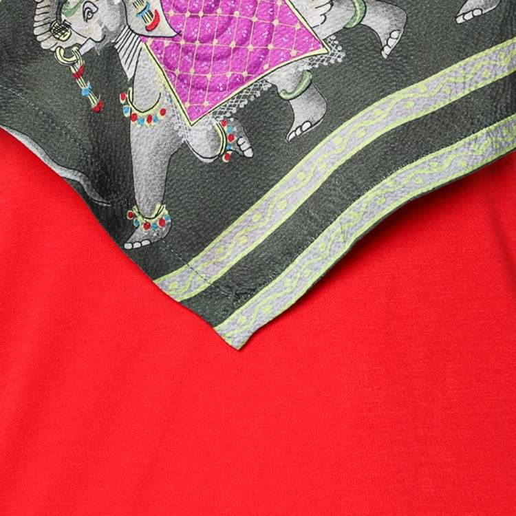 Pre Owned Emporio Armani Red Jersey Playful Elephant Print Silk Paneled Top S