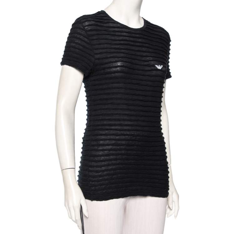 Pre Owned Emporio Armani Navy Blue Twisted Stripe Detail Cotton T-Shirt L