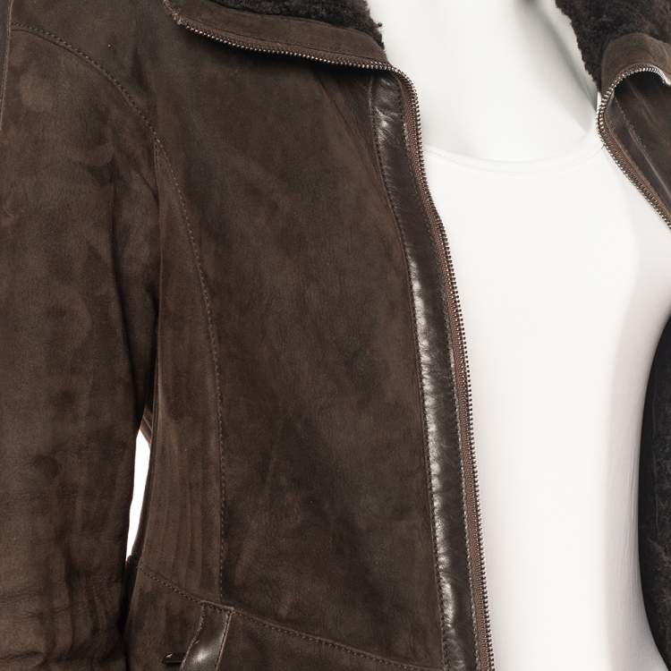 Pre Owned Emporio Armani Brown Fur Collar Detail Zip Front Jacket M