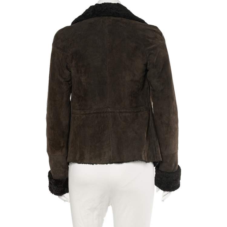 Pre Owned Emporio Armani Brown Fur Collar Detail Zip Front Jacket M