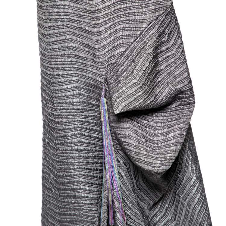 Pre Owned Emporio Armani Grey Textured Synthetic Tassel Trim Draped Midi Skirt M