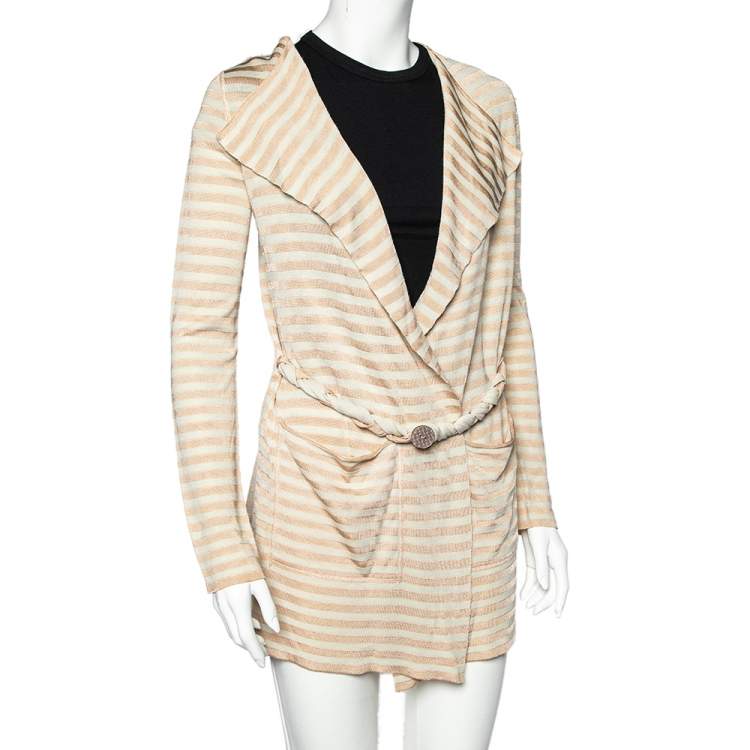 Pre Owned Emporio Armani Beige Striped Knit Belted Cardigan S
