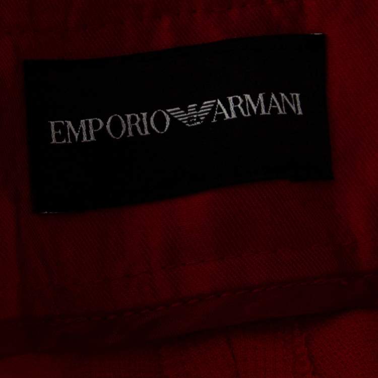 Pre Owned Emporio Armani Red Stretch Knit Contrast Waist Trim Detail Pants L