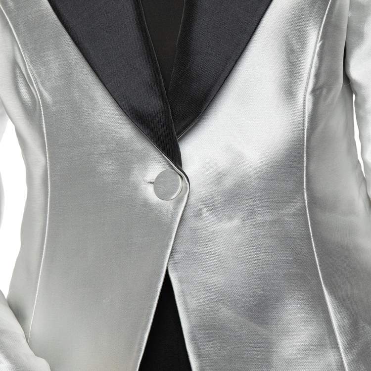 Pre Owned Emporio Armani Metallic Silver Synthetic Contrast Detail Cropped Blazer L