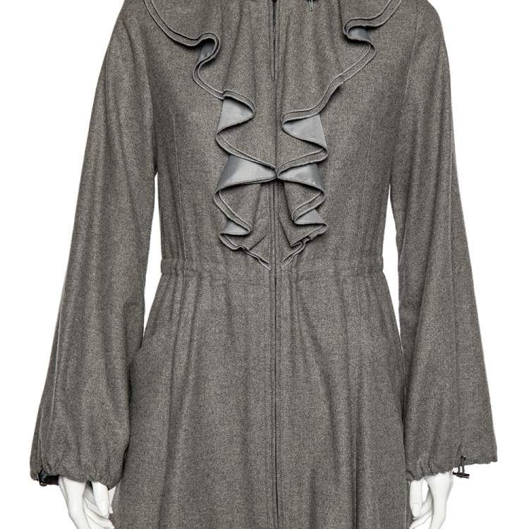 Pre Owned Emporio Armani Grey Wool And Cashmere Ruffled Neck Hooded Coat S