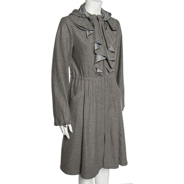 Pre Owned Emporio Armani Grey Wool And Cashmere Ruffled Neck Hooded Coat S