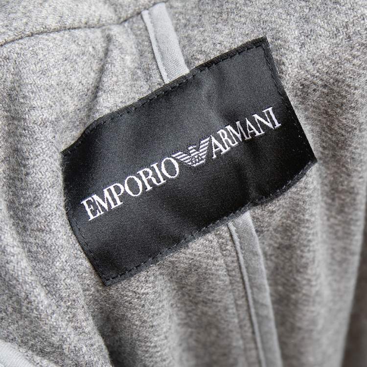 Pre Owned Emporio Armani Grey Wool And Cashmere Ruffled Neck Hooded Coat S