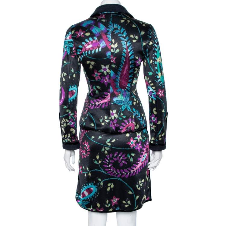 مملوكة مسبقًا Emporio Armani Black Floral Printed Synthetic Single Buttoned Blazer & Skirt Set S