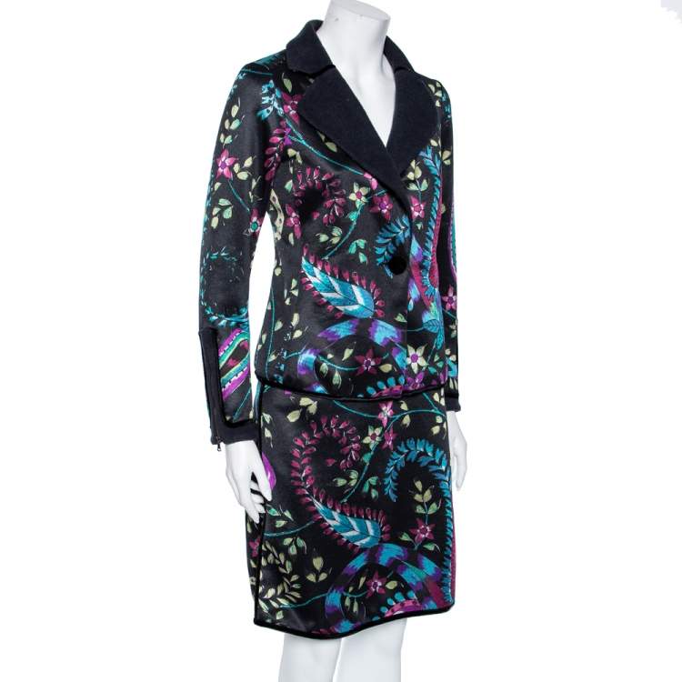 مملوكة مسبقًا Emporio Armani Black Floral Printed Synthetic Single Buttoned Blazer & Skirt Set S