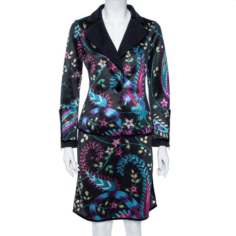 مملوكة مسبقًا Emporio Armani Black Floral Printed Synthetic Single Buttoned Blazer & Skirt Set S